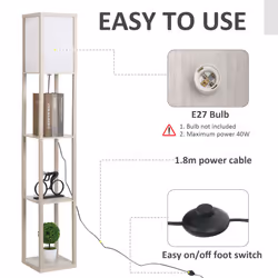 HOMCOM Floor Lamp Reading Lamp with 3-Tier Storage Shelf for Home Office Oak