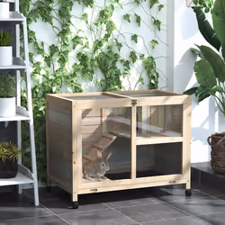 PawHut Wood Rabbit Hutch Bunny Cage Pet House Indoor W/ Tray Ramp, Natural