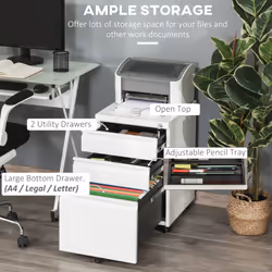Vinsetto 3 Drawer File Cabinet, Lockable Metal Filling Cabinet, White