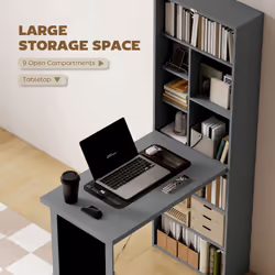 HOMCOM Folding Convertible Desk with Blackboard and Bookshelf, Grey - Additional view 4