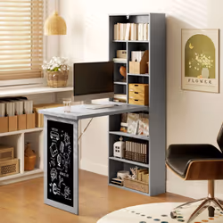 HOMCOM Folding Convertible Desk with Blackboard and Bookshelf, Grey - Additional view 7