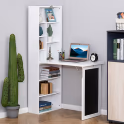 HOMCOM Folding Convertible Desk with Blackboard and Bookshelf, White