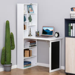 HOMCOM Folding Convertible Desk with Blackboard and Bookshelf, White