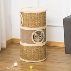 PawHut Cat Scratching Barrel Kitten Tree Tower with Sisal and Seaweed Rope