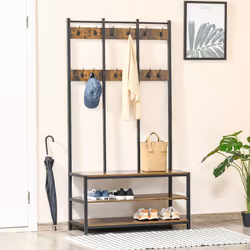 HOMCOM Entryway Coat Rack Hall Tree Shoe Bench 3 in 1 Design Metal Storage Rack