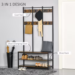HOMCOM Entryway Coat Rack Hall Tree Shoe Bench 3 in 1 Design Metal Storage Rack