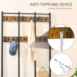 HOMCOM Entryway Coat Rack Hall Tree Shoe Bench 3 in 1 Design Metal Storage Rack