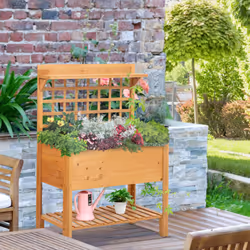 Outsunny Wooden Planter Raised Elevated Garden Bed w/ 2 Shelves, 105x40x135cm