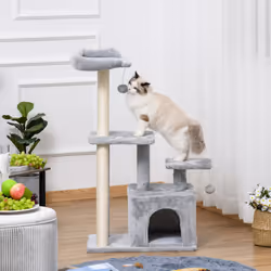 PawHut Cat Tree Activity Center w/ Scratching Post Sisal Hanging Ball Light Grey - Additional view 7