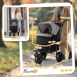 PawHut Folding 3 Wheel Pet Stroller Travel Adjustable Canopy Storage Brake Grey