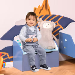 HOMCOM Kids Wooden Toy Box Children Storage Chest Bench Organiser Bedroom Blue