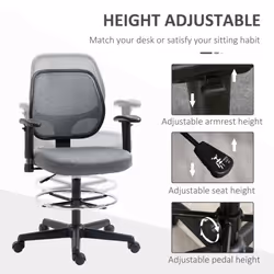 Vinsetto Drafting Chair Tall Office Stand Desk Chair with Foot Ring, Arm, Wheel