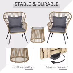 Outsunny 3 PCS Webbed PE Rattan Outdoor Patio Set w/ Cushions Steel Frame Brown - Additional view 4