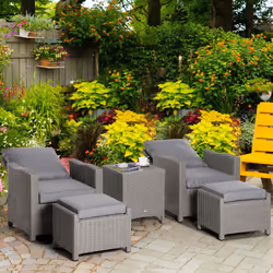 Outsunny 5 PCs Outdoor Rattan Lounge Sofa Footstool Cooler Bar Coffee Table Set