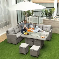 Outsunny 5 PCs Outdoor PE Rattan L-Shape Sofa Footstool Fire Pit Table Set