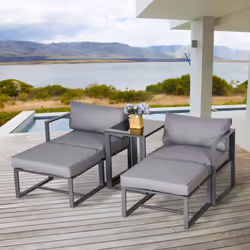 Outsunny 5 Piece Garden Conversation Set 2 Footstools End Table with Cushions