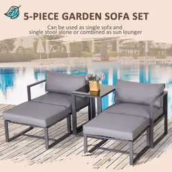 Outsunny 5 Piece Garden Conversation Set 2 Footstools End Table with Cushions
