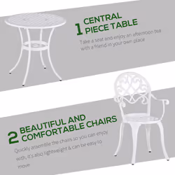 Outsunny 3PCs Garden Bistro Set Cast Aluminium Round Table with 2 Chairs White