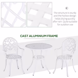 Outsunny 3PCs Garden Bistro Set Cast Aluminium Round Table with 2 Chairs White