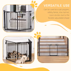 PawHut Pet Safety Gate 3 Panels Playpen Metal Fence W/ Walk Through Door Black