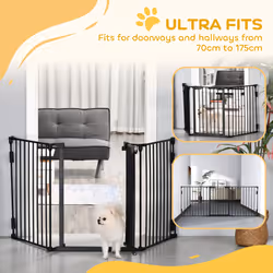 PawHut Pet Safety Gate 3 Panels Playpen Metal Fence W/ Walk Through Door Black - Additional view 7