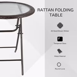Outsunny Folding Round Tempered Glass Metal Table Brown Rattan Edging