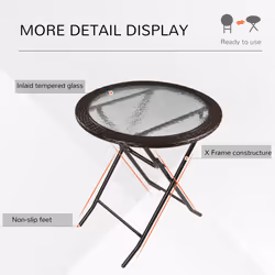 Outsunny Folding Round Tempered Glass Metal Table Brown Rattan Edging