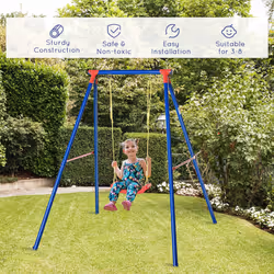 Outsunny Metal Swing Set w/ Adjustable Rope A-Frame Stand Outdoor Playset
