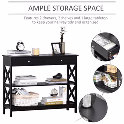 HOMCOM Console Table Side Desk Shelves Drawers Open Top X Support Hallway Black