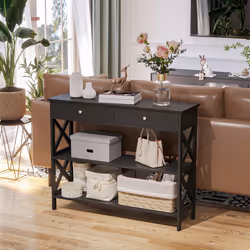 HOMCOM Console Table Side Desk Shelves Drawers Open Top X Support Hallway Black - Additional view 5