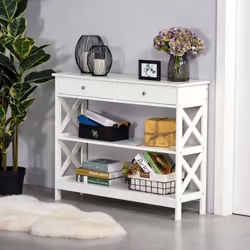 HOMCOM Console Table Side Desk Shelves Drawers Open Top X Support Hallway White