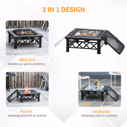 Outsunny 76cm Square Garden Fire Pit Square Table w/ Poker Mesh Cover Log Grate