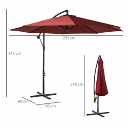Outsunny 3(m) Garden Banana Parasol Cantilever Umbrella w/Crank& Base, Wine Red