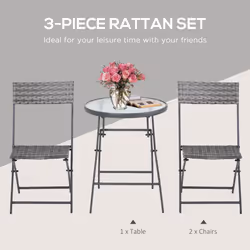 Outsunny 3 PCs Patio Wicker Bistro Set Foldable Table and Chair Set for Outdoor