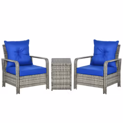 Outsunny 3 PCs PE Rattan Garden Sofa Set w/ 2 Chairs & Storage Table Blue - Additional view 8