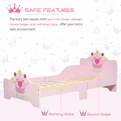 HOMCOM Kids Wooden Princess Crown & Flower Single Bed Safety Side Rails Slats