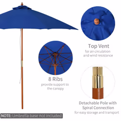 Outsunny 2.5m Wooden Garden Parasol Outdoor Umbrella Canopy w/ Vent Blue