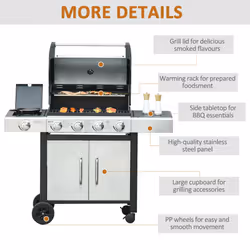 Outsunny Deluxe Gas Barbecue Grill 4+1 Burner Garden BBQ w/ Large Cooking Area - Additional view 5