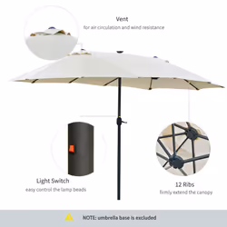 Outsunny 4.4m Double-Sided Sun Umbrella Patio Parasol Solar Lights Cream White