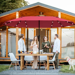Outsunny 4.4m Double-Sided Sun Umbrella Patio Parasol Solar Lights Wine Red
