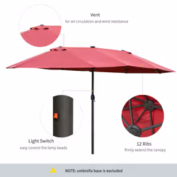 Outsunny 4.4m Double-Sided Sun Umbrella Patio Parasol Solar Lights Wine Red