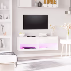 HOMCOM Wall Mount TV Stand W/ LED Lights Media Storage W/ Cable Hole