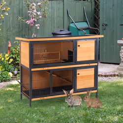 PawHut 2-Story Wooden Metal Rabbit Hutch Bunny Cage w/ Ramp Feeding Trough