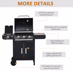 Outsunny Deluxe Gas Barbecue Grill 3+1 Burner Garden BBQ w/ Large Cooking Area - Additional view 5