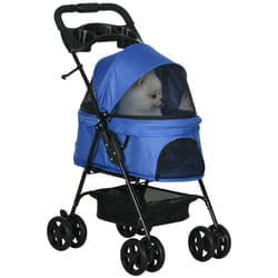 PawHut Pet Stroller Foldable Travel Carriage w/ Brake Basket Canopy, Blue