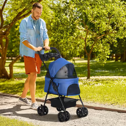 PawHut Pet Stroller Foldable Travel Carriage w/ Brake Basket Canopy, Blue