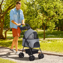 PawHut Pet Stroller Foldable Travel Carriage w/ Brake Basket Canopy, Grey