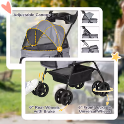 PawHut Pet Stroller Foldable Travel Carriage w/ Brake Basket Canopy, Grey - Additional view 4