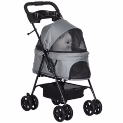 PawHut Pet Stroller Foldable Travel Carriage w/ Brake Basket Canopy, Grey - Additional view 8