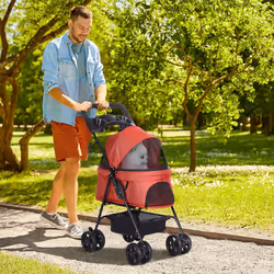 PawHut Pet Stroller Foldable Travel Carriage w/ Brake Basket Canopy, Red